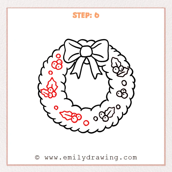 how to draw a christmas wreath - More holly leaves and berry clusters are added to the left and upper-left of the Christmas wreath, balancing the decorations around the bow.